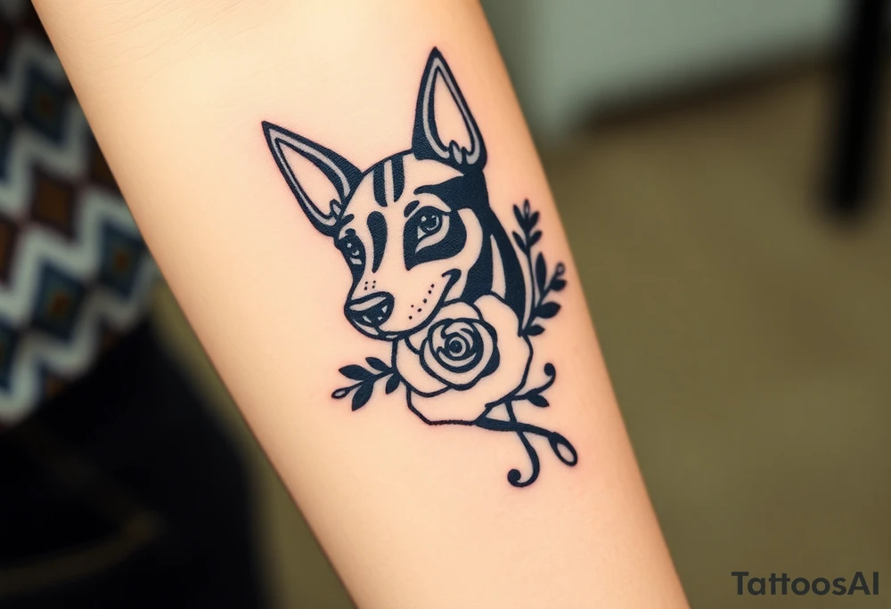 Cute female  large hound dog mix Brindle dog with the name kiwi . And a tiny rose around her . With her ears pointy a little big tattoo idea