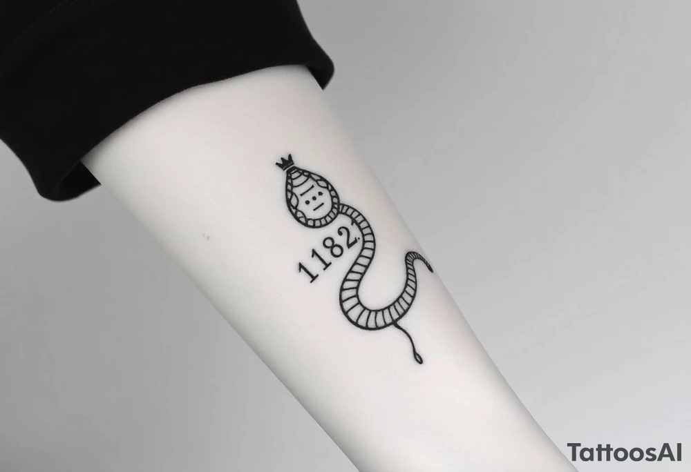 I want a small simple silhouette lines black and white wrist majestic royal snake tattoo that has number 12821 on its body along and also I want it to represent feminine energy crown queen Cycle tattoo idea