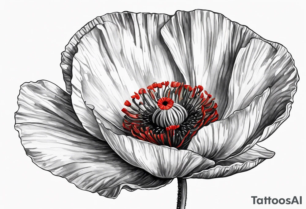 One Red poppy flower with long stem, no outline tattoo idea