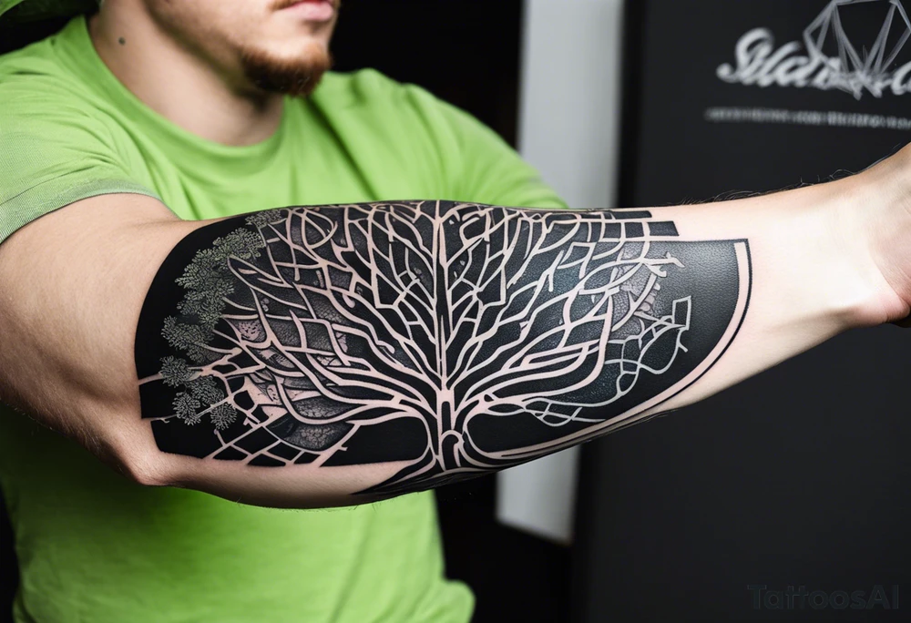 Sleeve tattoo of a technological tree that has some marine corps features tattoo idea