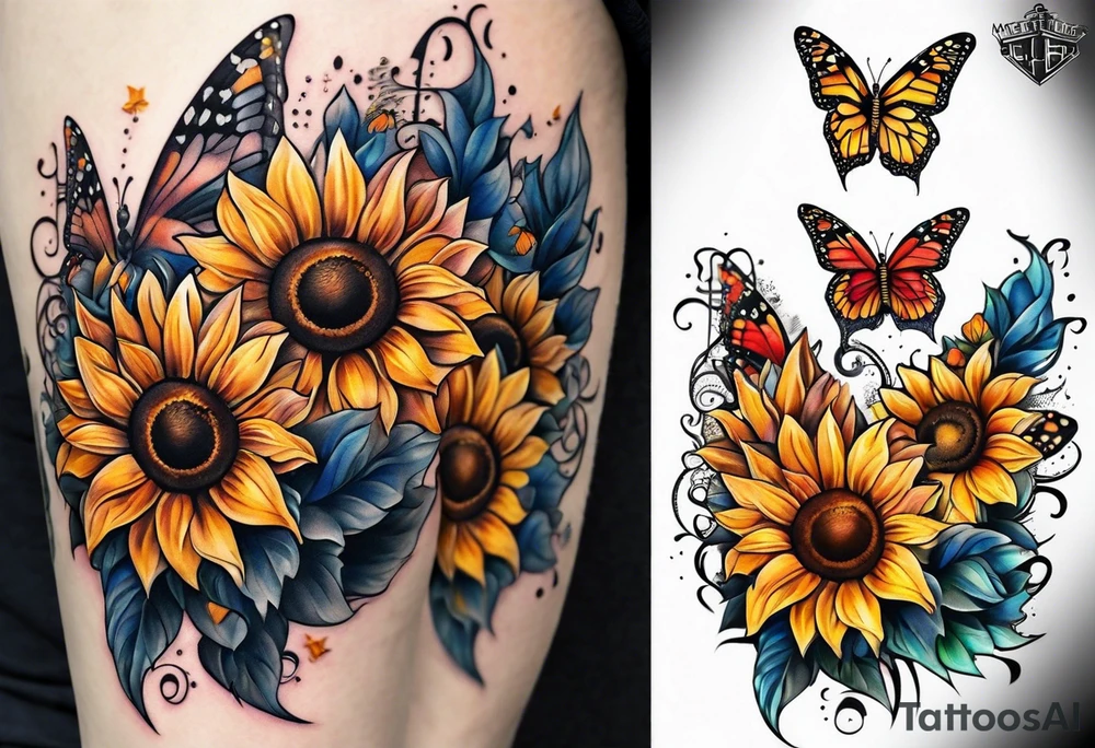 Sunflower and butterfly leg sleeve tattoo idea