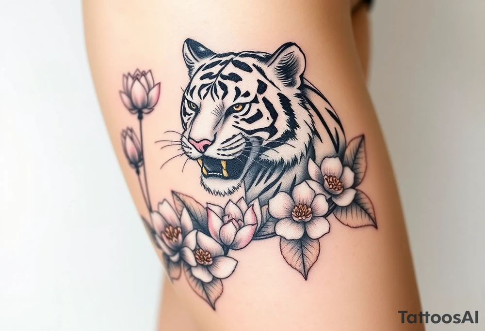 fierce tiger emerging through blooming lotus flowers in mist tattoo idea