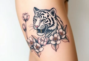 fierce tiger emerging through blooming lotus flowers in mist tattoo idea