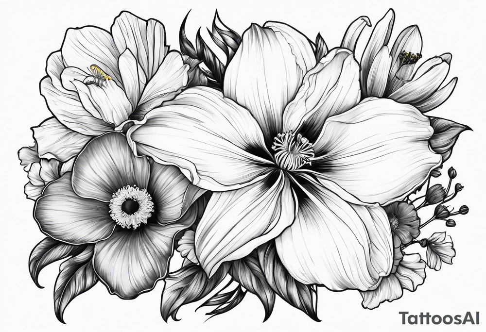 Single flower bouquet with 1 Violet, 1 Daffodil, 1 Gladiolus, 1 Poppy, 1 Cosmos tattoo idea