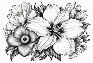 Single flower bouquet with 1 Violet, 1 Daffodil, 1 Gladiolus, 1 Poppy, 1 Cosmos tattoo idea