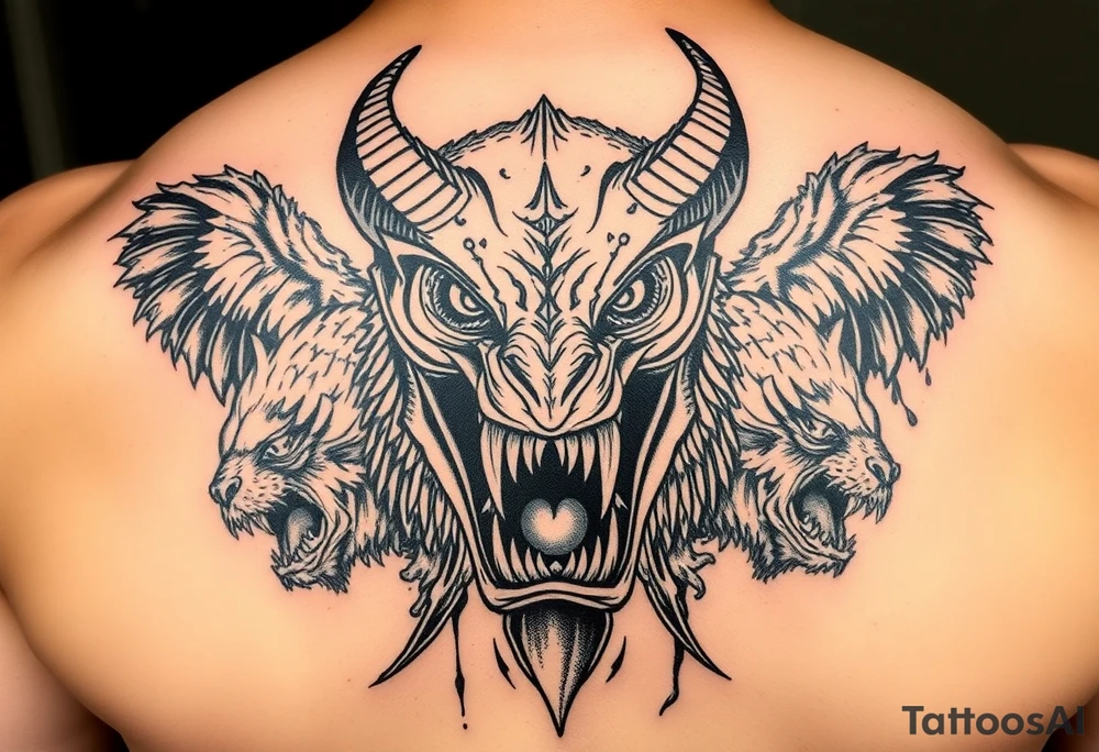 powerful majestic giant with a alien eyes and teeth like a sabertooth with horns like surrounded by vicious animals but not from earth and maybe needs some blood tattoo idea