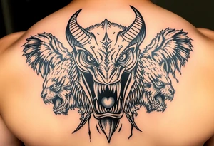 powerful majestic giant with a alien eyes and teeth like a sabertooth with horns like surrounded by vicious animals but not from earth and maybe needs some blood tattoo idea