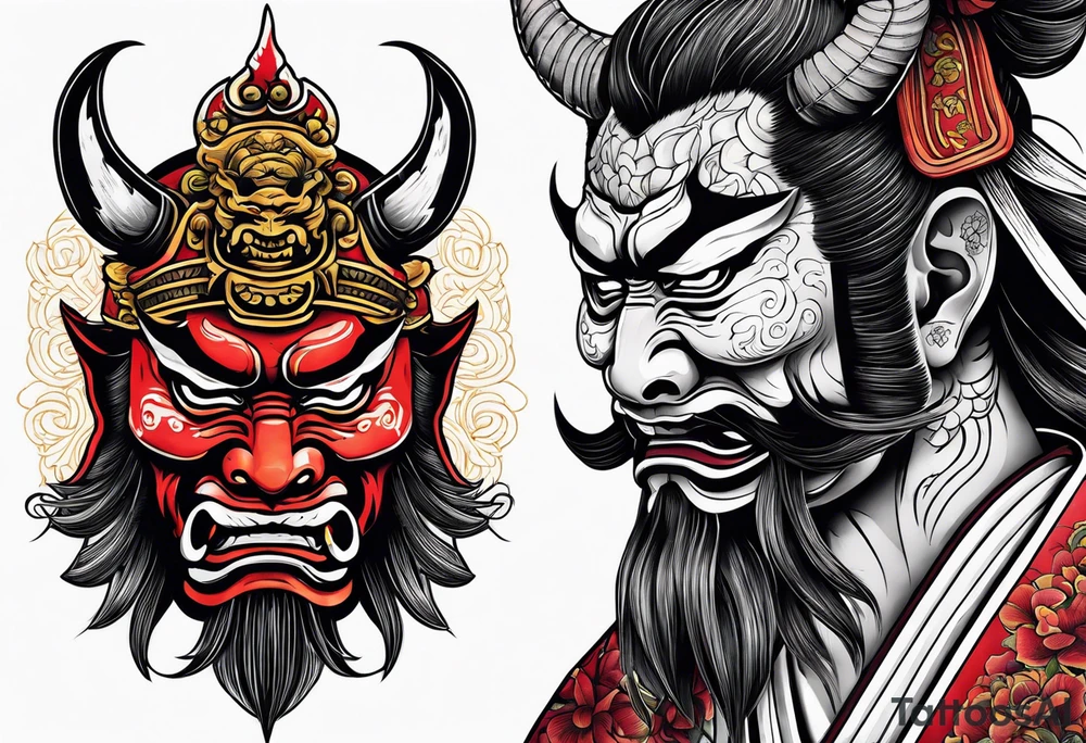 Japanese samurai with demon mask tattoo idea