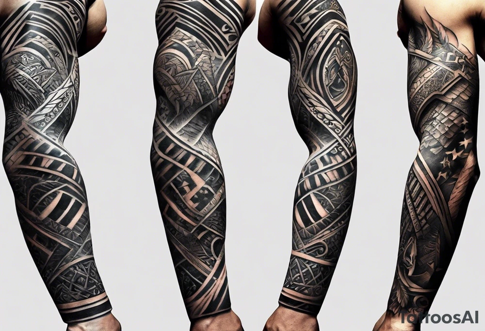 I'd like a full arm sleeve for a man. Mixture of realistic and tribal. I want to reflect strength, love and freedom. Do not include human faces. tattoo idea