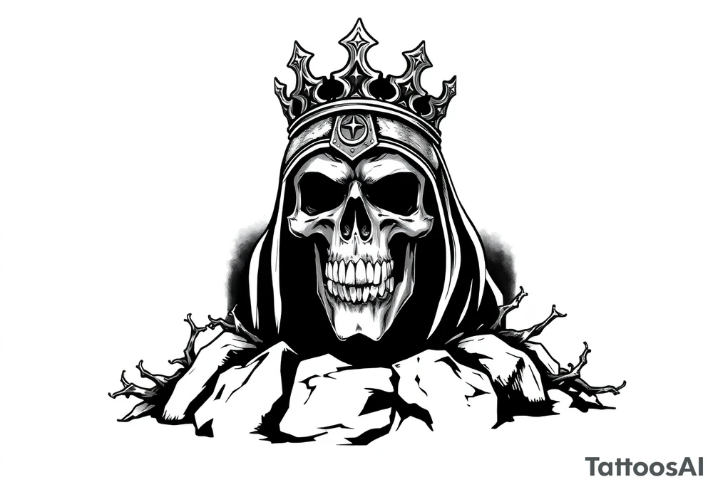 A crowned skull or warrior rising from a stone barrow, cloaked in shadows and thorns. tattoo idea