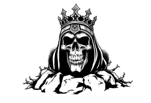 A crowned skull or warrior rising from a stone barrow, cloaked in shadows and thorns. tattoo idea