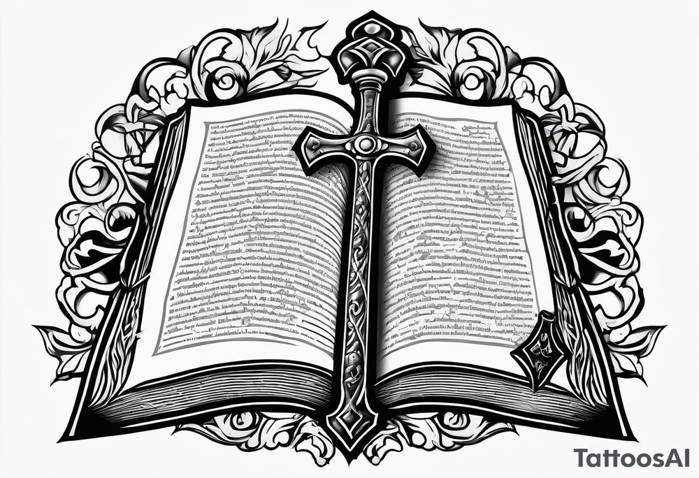 An opened bible with a battle Axe tattoo idea