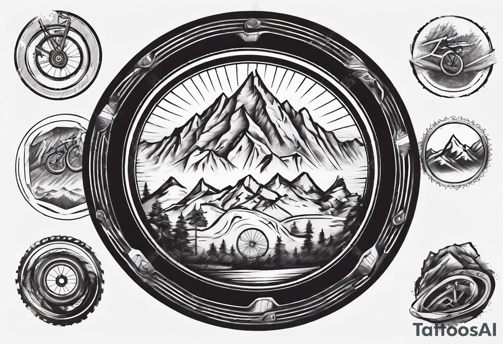 road cycle front wheel drawn as a gym plate with a mountain in the middle tattoo idea