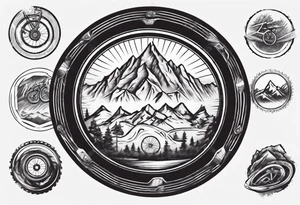 road cycle front wheel drawn as a gym plate with a mountain in the middle tattoo idea
