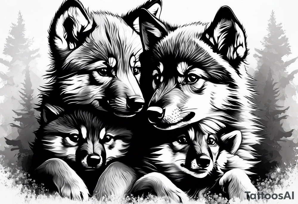 2 wolf cubs adoring and cute (one female, one male) tattoo idea