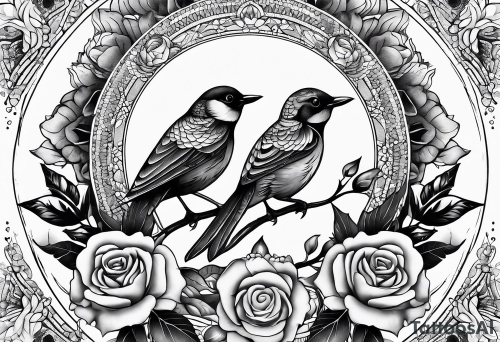 Birds and Roses dot work mandala tattoo idea