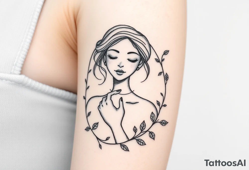 Fine line black and gray tattoo of a feminine figure symbolizing self-love and inner peace. The figure should be partially framed by delicate vines with soft, detailed leaves wrapping gently around her, representing growth and self-care. Her pose should be calm and confident, one hand touching her chest or necklace softly, expressing tenderness and connection with herself. Keep the composition poetic, balanced, and elegant, with refined linework and a serene, expressive face. Avoid cartoonish or overly realistic features — make it minimalist but soulful, almost like a modern illustration. The vines and frame should feel organic and flowing, not geometric. tattoo idea