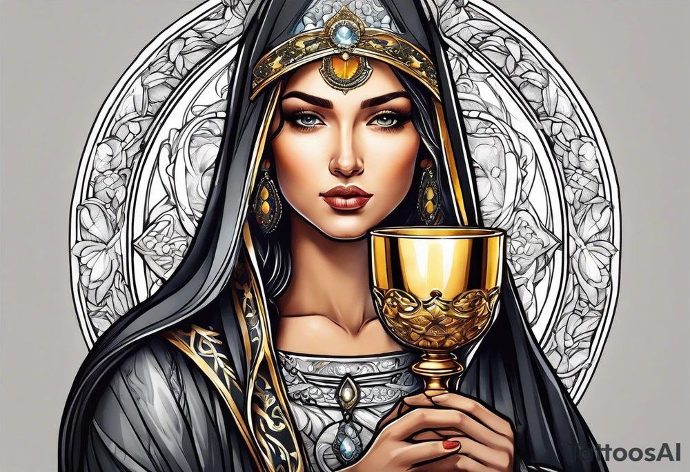 woman saint holding chalice surrounded by golden halo portrait tattoo idea