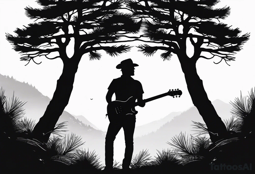 silhouette of a man standing under a pine tree playing electric guitar tattoo idea