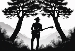 silhouette of a man standing under a pine tree playing electric guitar tattoo idea