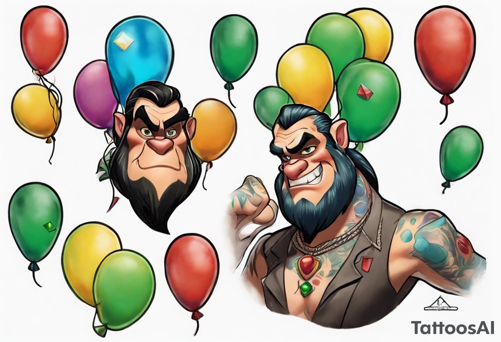 piton with colored ballons from movie up! aside and a green gem on the other side tattoo idea