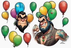 piton with colored ballons from movie up! aside and a green gem on the other side tattoo idea