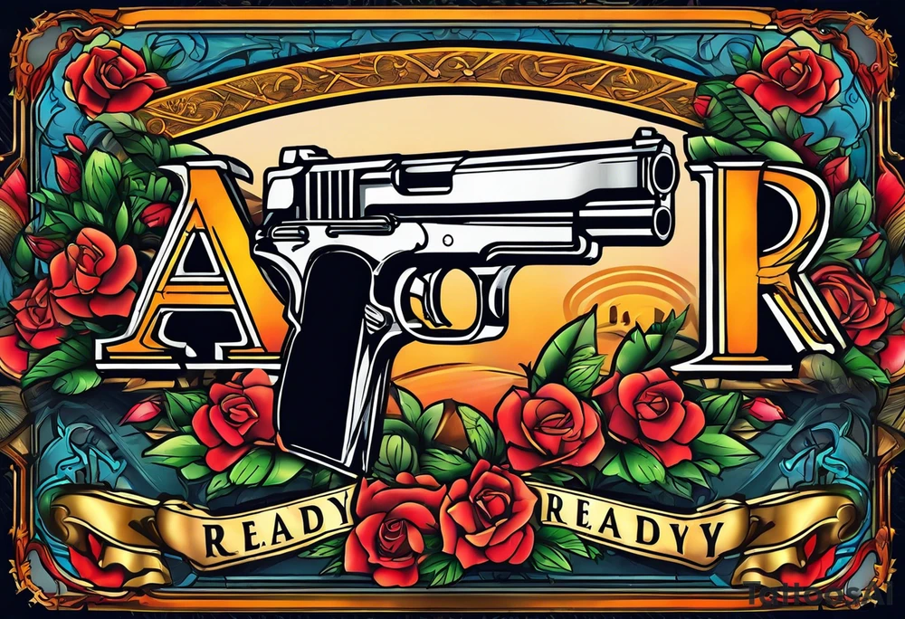 The letters AR with a pistol on each side and the word always on the top and the word ready on the bottom tattoo idea