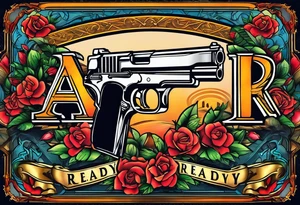 The letters AR with a pistol on each side and the word always on the top and the word ready on the bottom tattoo idea