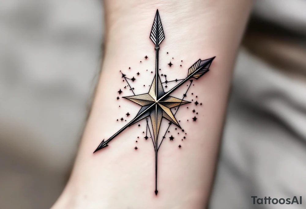 A Sagittarius arrow piercing through a golden star, with the star constellation traced in thin white lines around it. tattoo idea