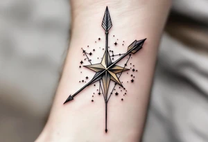 A Sagittarius arrow piercing through a golden star, with the star constellation traced in thin white lines around it. tattoo idea