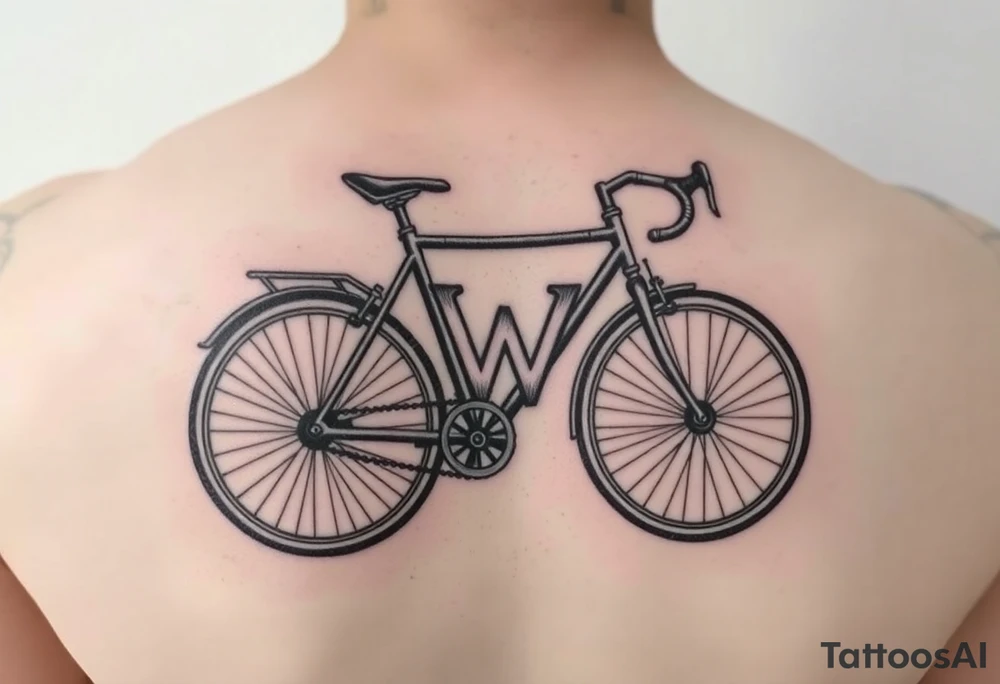 A stylized recumbent bicycle with integrated frame lettering spelling out JWM tattoo idea