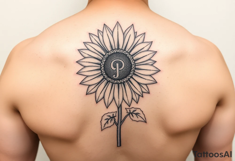 Sunflower with the letter p hidden in the stem, small thin line tattoo idea