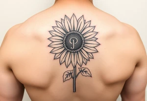 Sunflower with the letter p hidden in the stem, small thin line tattoo idea