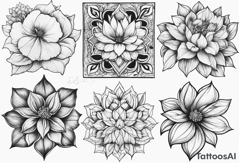 may, june, july september, october, december month flowers black and white half sleeve tattoo tattoo idea