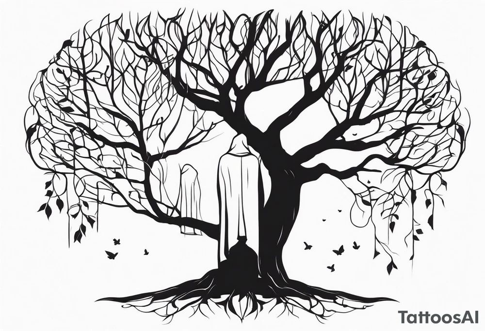 faceless, dark figures under a branch of a tree tattoo idea