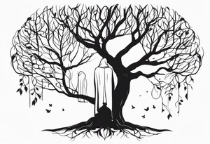 faceless, dark figures under a branch of a tree tattoo idea