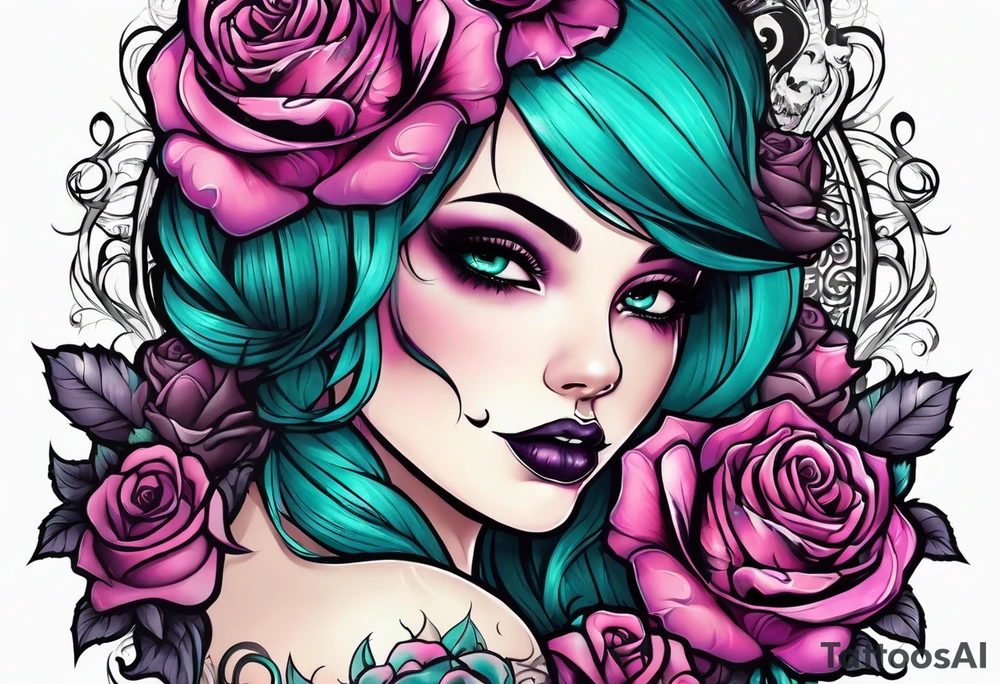 Chubby gothic girl, roses, skulls, teal, pink, purple tattoo idea