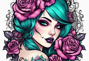 Chubby gothic girl, roses, skulls, teal, pink, purple tattoo idea