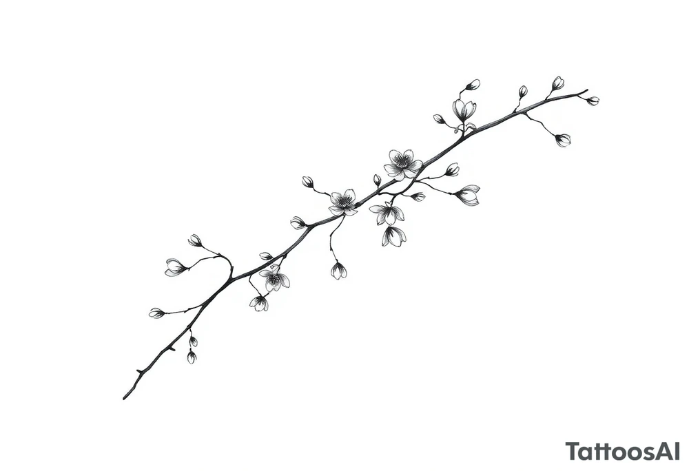 Graceful long magnolia branch with small flowers in early blossom stage with closed flowers tattoo idea