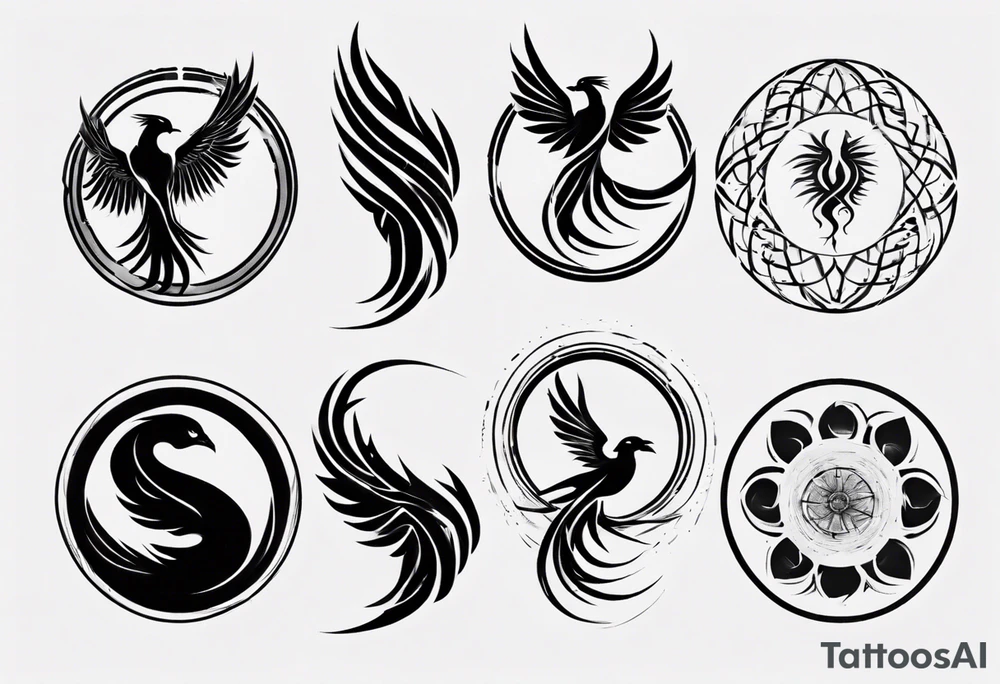 Phoenix rising blending in circles tattoo idea