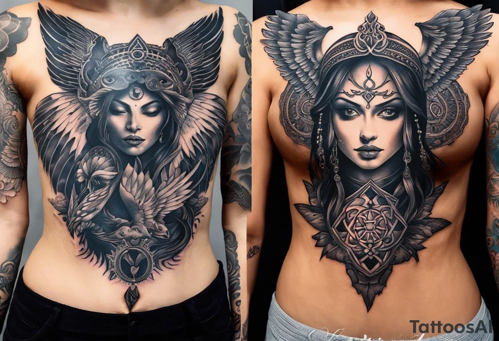 black kali, goddess pirate, alien, angel, pachamama, valkrye, warrior, flying, skull, lotus azul, wing, eagle, zenza resonance, stars, 5D, anahata chakra, death, durga, riding on a tiger, flying lady, kundalini, chest tatoo tattoo idea