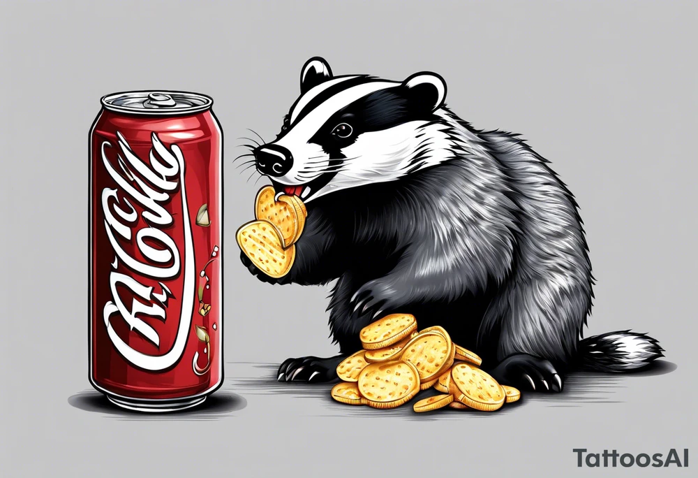 badger with mouth open with soda can and chips tattoo idea