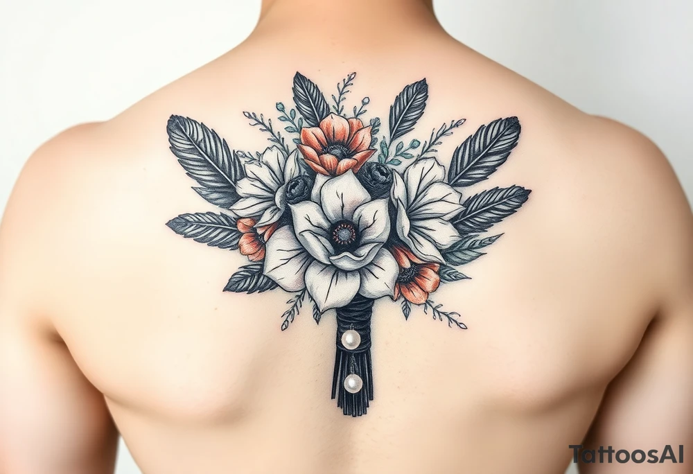 A wedding bouquet of black , cream and  rosegold flowers surrounded by black feathers as the wrapping with one single pearl along the spine of each feather tattoo idea