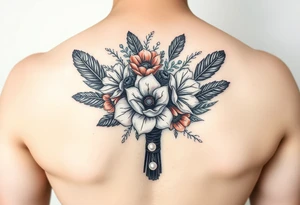 A wedding bouquet of black , cream and  rosegold flowers surrounded by black feathers as the wrapping with one single pearl along the spine of each feather tattoo idea