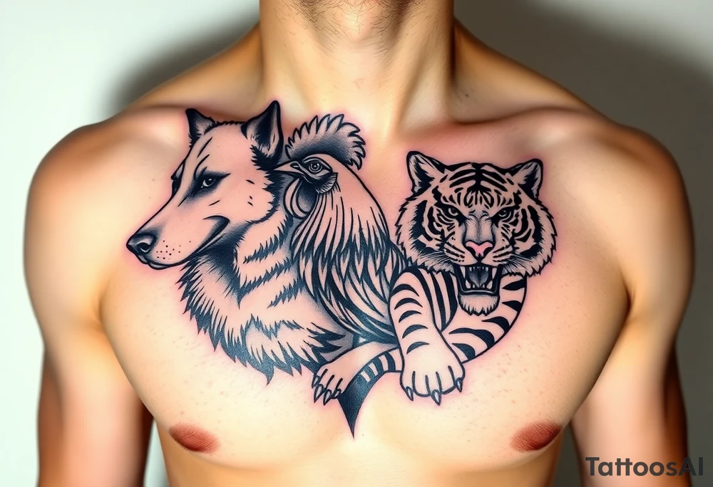 chest tattoo of dog and rooster and tiger together tattoo idea