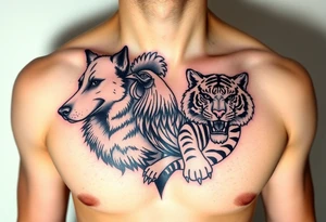 chest tattoo of dog and rooster and tiger together tattoo idea