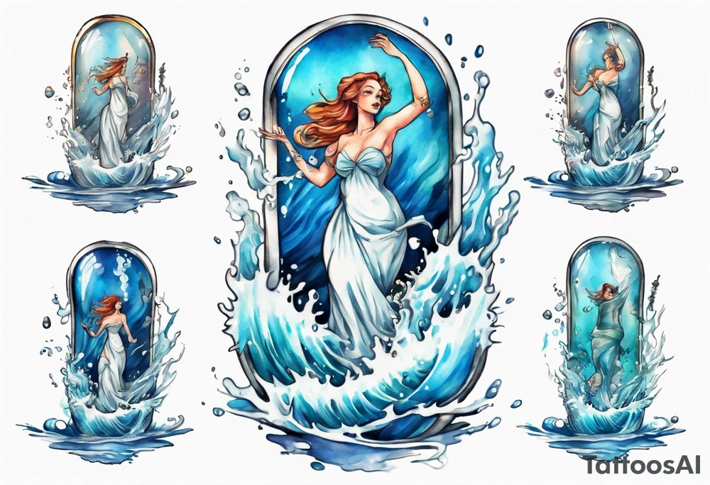 a glass statue standing in crashing waves tattoo idea
