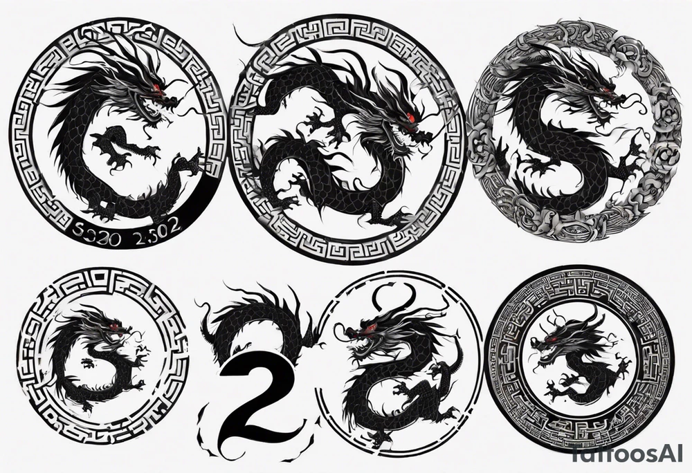 Chinese dragon in a circular shape with "02.03" written on its skin tattoo idea