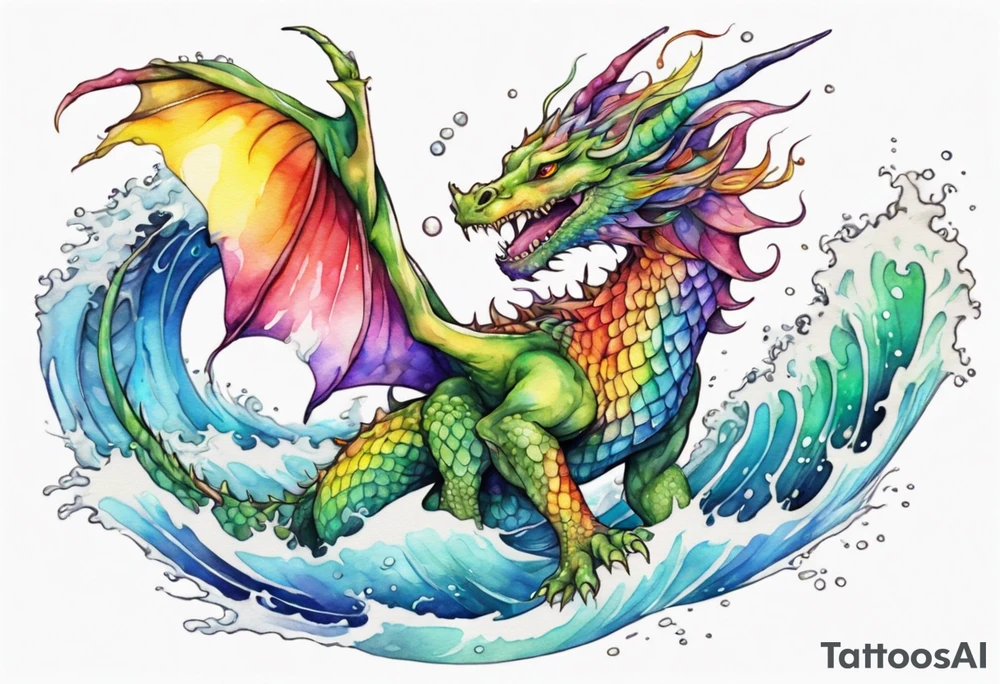 a beautiful rainbow colored female dragon rising from the waves of the sea tattoo idea