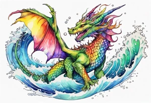 a beautiful rainbow colored female dragon rising from the waves of the sea tattoo idea